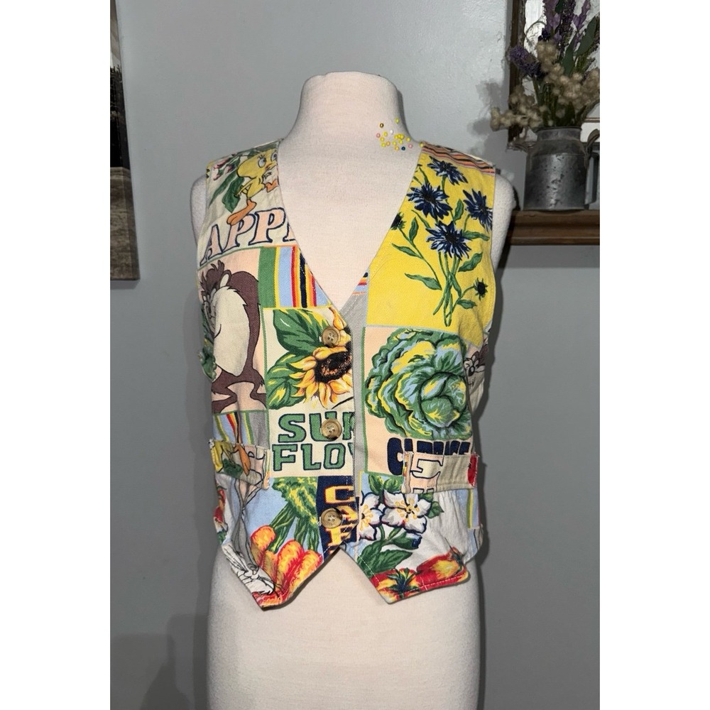 Vintage Jerry Leigh‎ Looney Tunes Taz Tweety vegetable garden denim vest medium